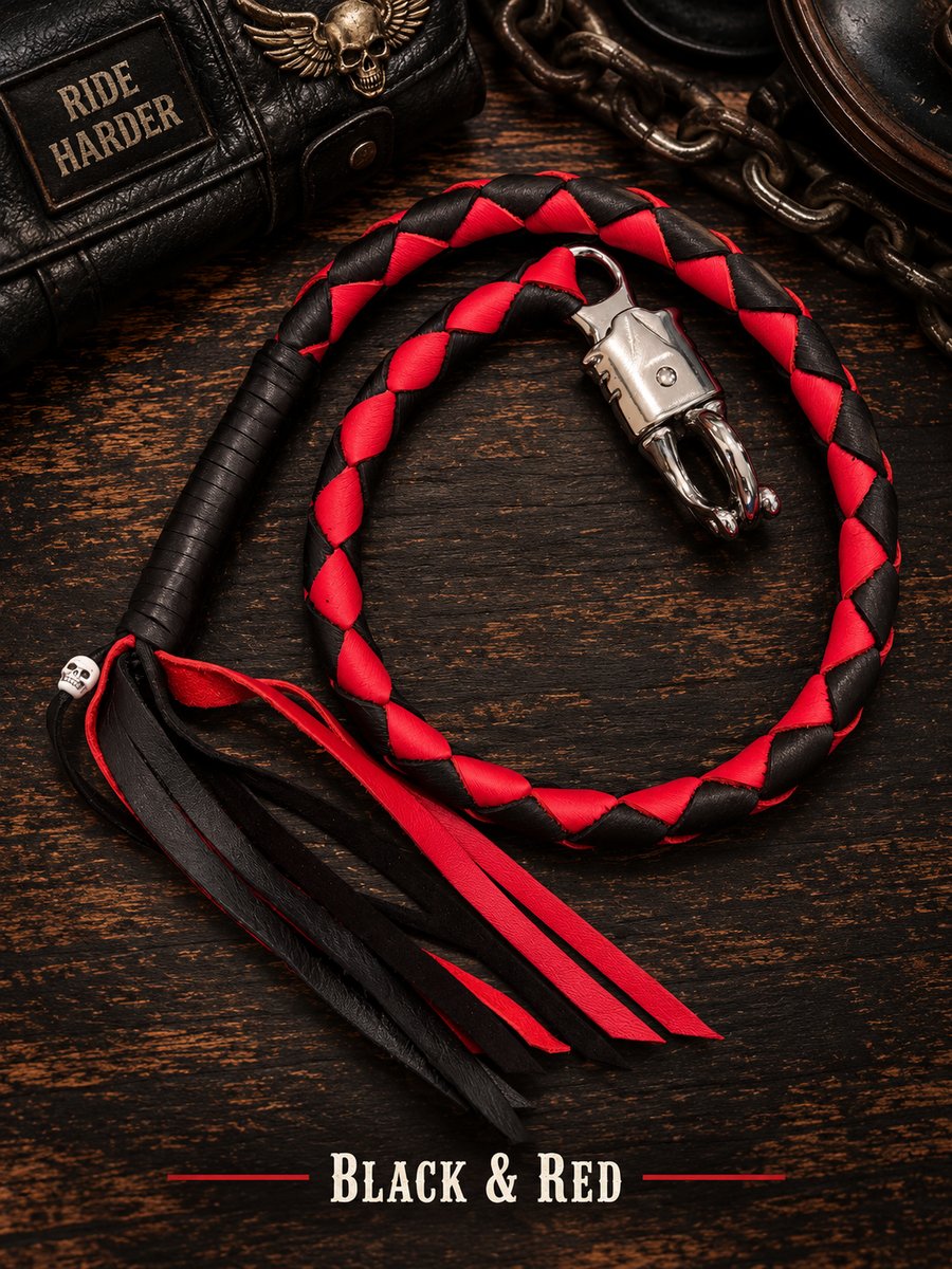 Get-Back Biker Whip in Black and Red — hand-braided with panic-release snap